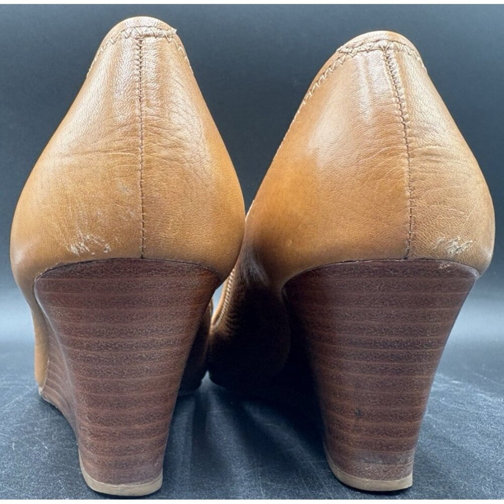 Tory Burch Sally Tan Leather Wedge Heels Gold Metal Logo Women’s Size 9M - Picture 5 of 12